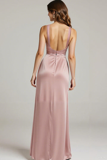 Light Pink Satin V-Neck Sheath Ruched Formal Dress